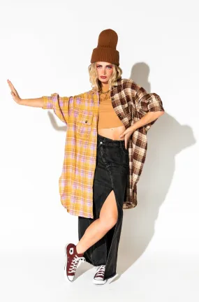 Zuri Oversized Grunge Flannel in Half   Half Yellow and Brown