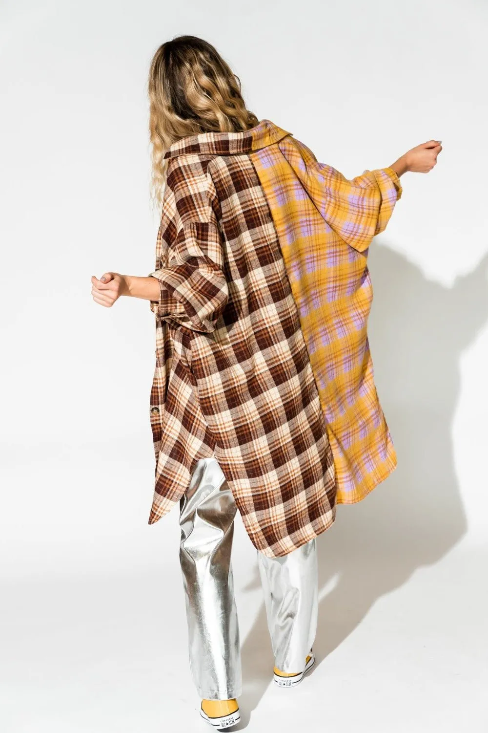 Zuri Oversized Grunge Flannel in Half   Half Yellow and Brown