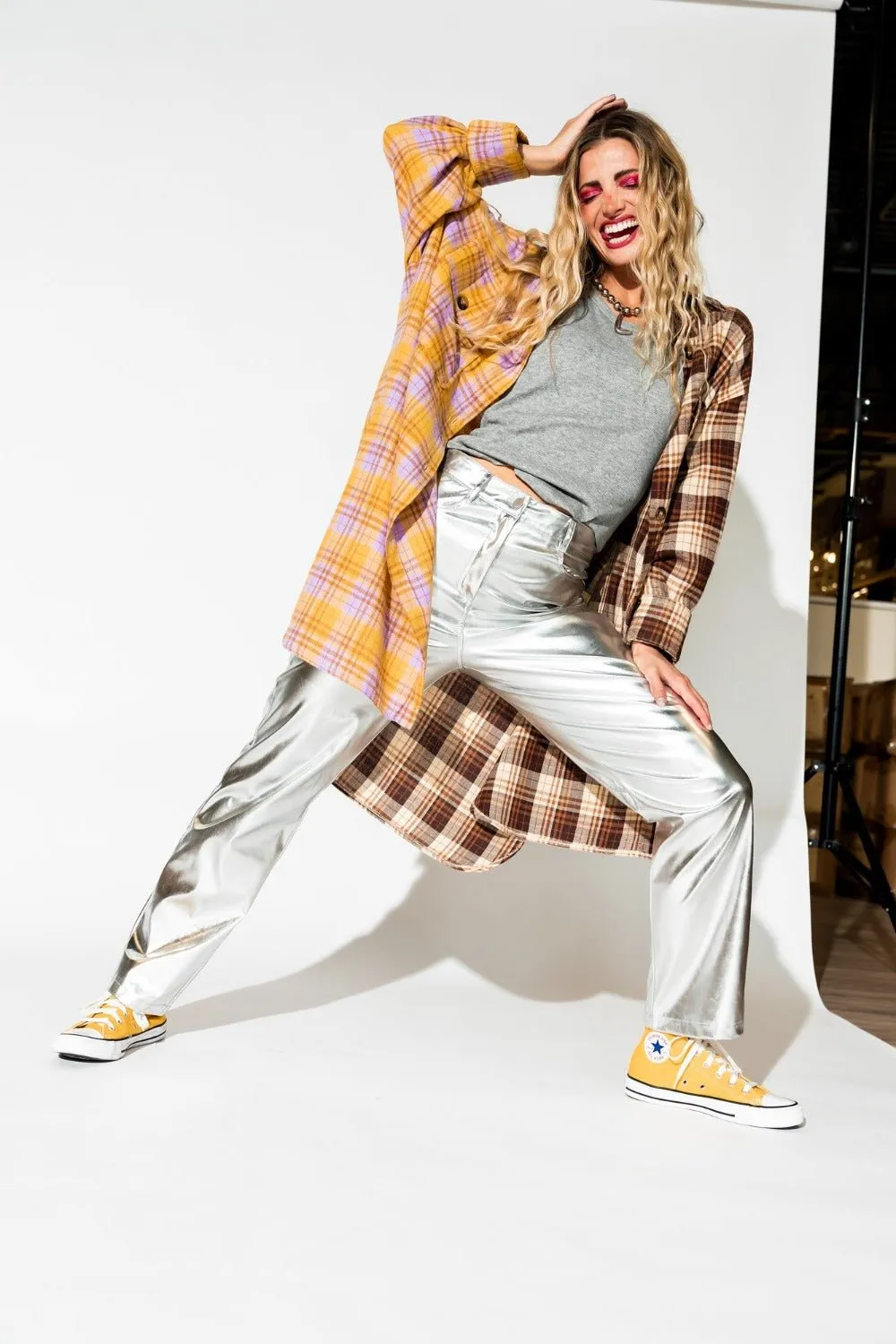 Zuri Oversized Grunge Flannel in Half   Half Yellow and Brown