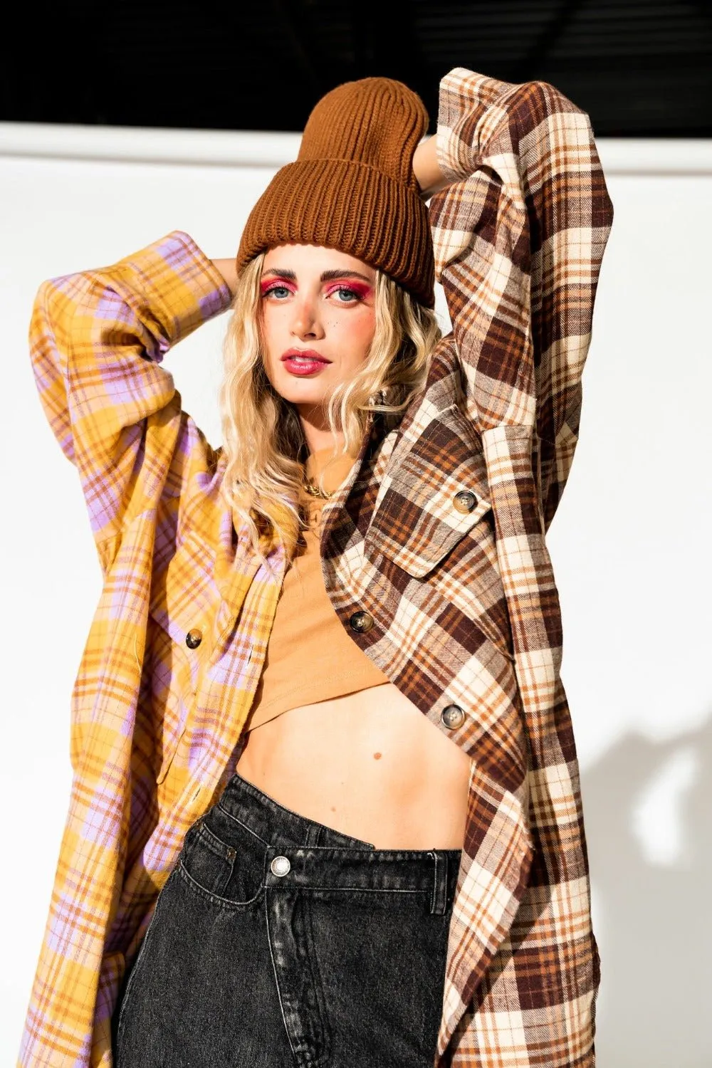 Zuri Oversized Grunge Flannel in Half   Half Yellow and Brown