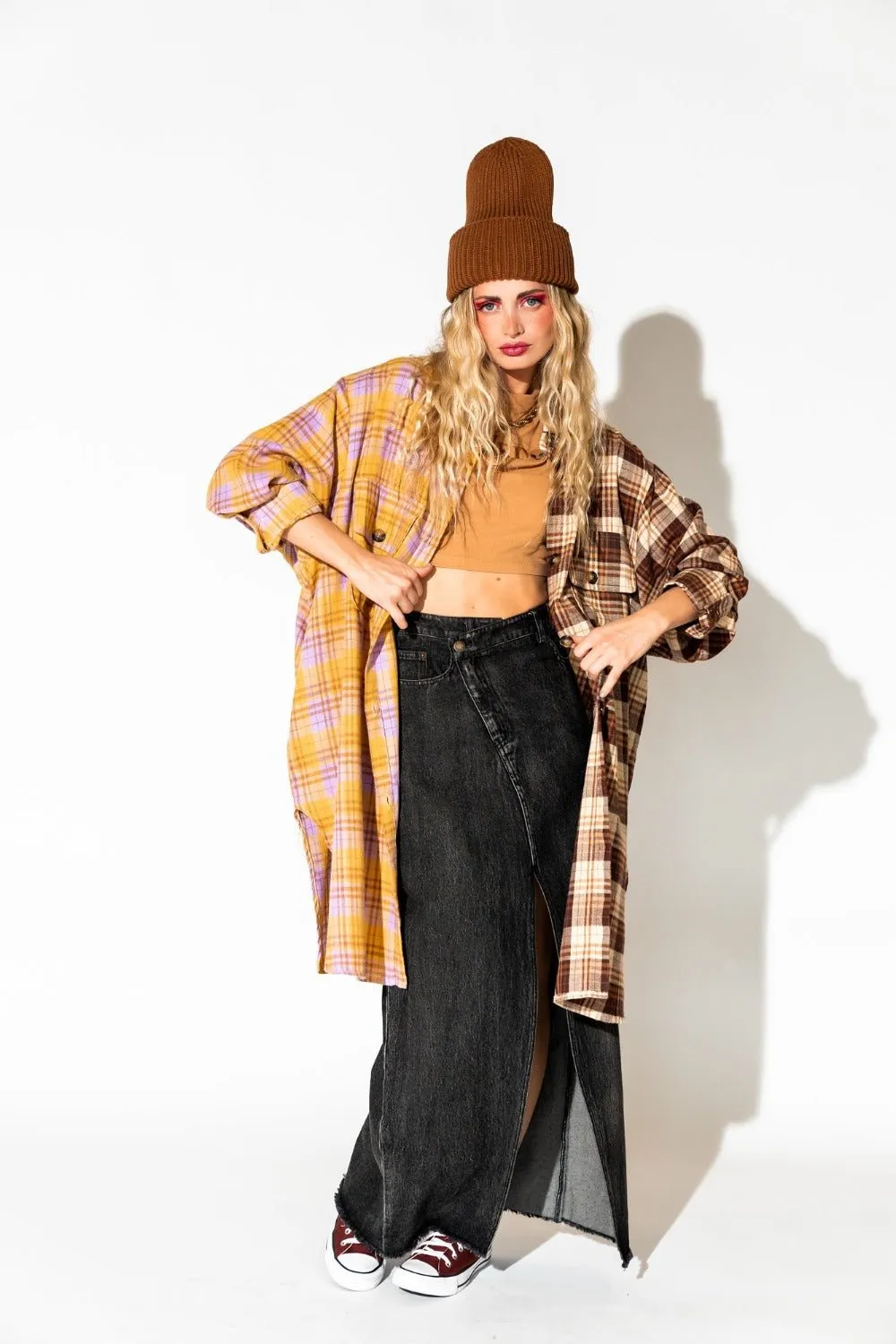 Zuri Oversized Grunge Flannel in Half   Half Yellow and Brown