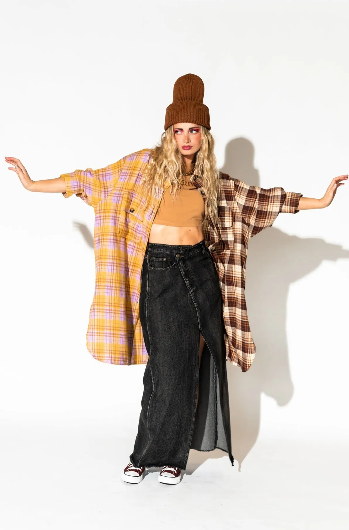 Zuri Oversized Grunge Flannel in Half   Half Yellow and Brown