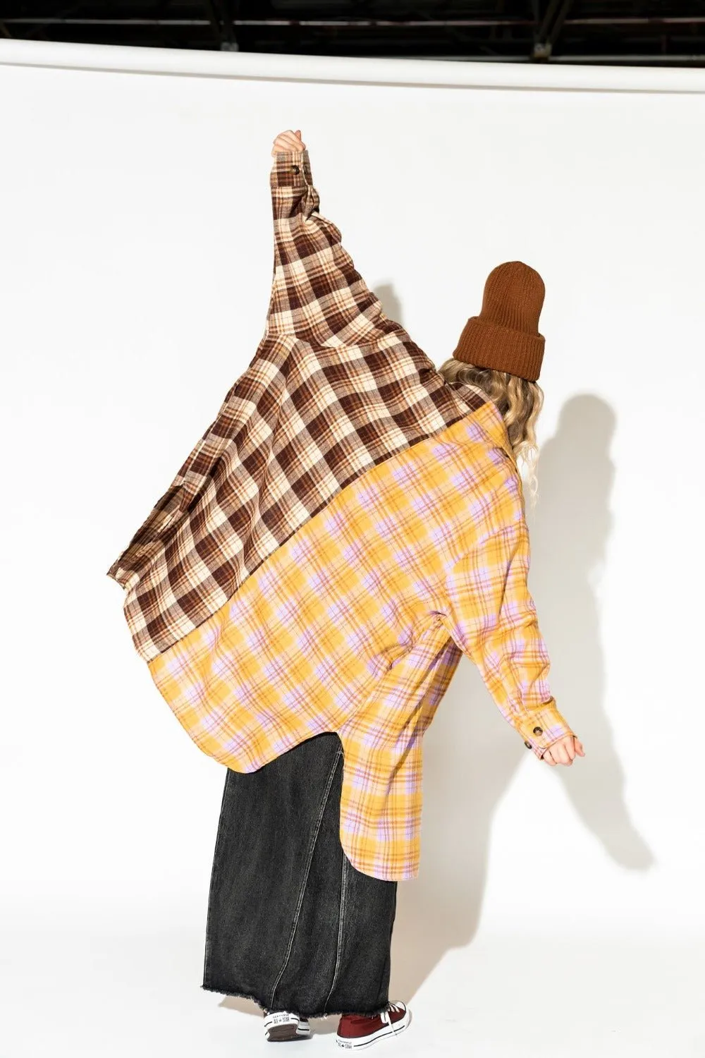 Zuri Oversized Grunge Flannel in Half   Half Yellow and Brown